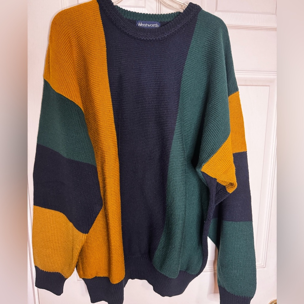 Men's Colorblock Crewneck Sweater - Green, Navy, and Mustard XL
